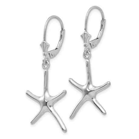 14k White Gold Dangle Earrings with Polished Starfish Charm, Nautical Coastal Style