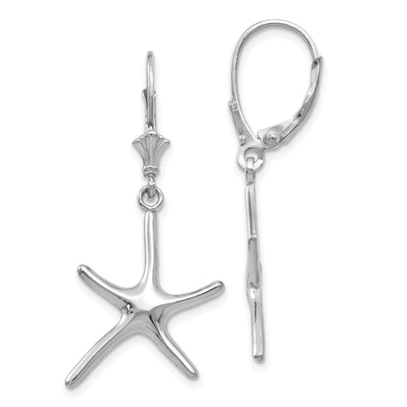 14k White Gold Dangle Earrings with Polished Starfish Charm, Nautical Coastal Style