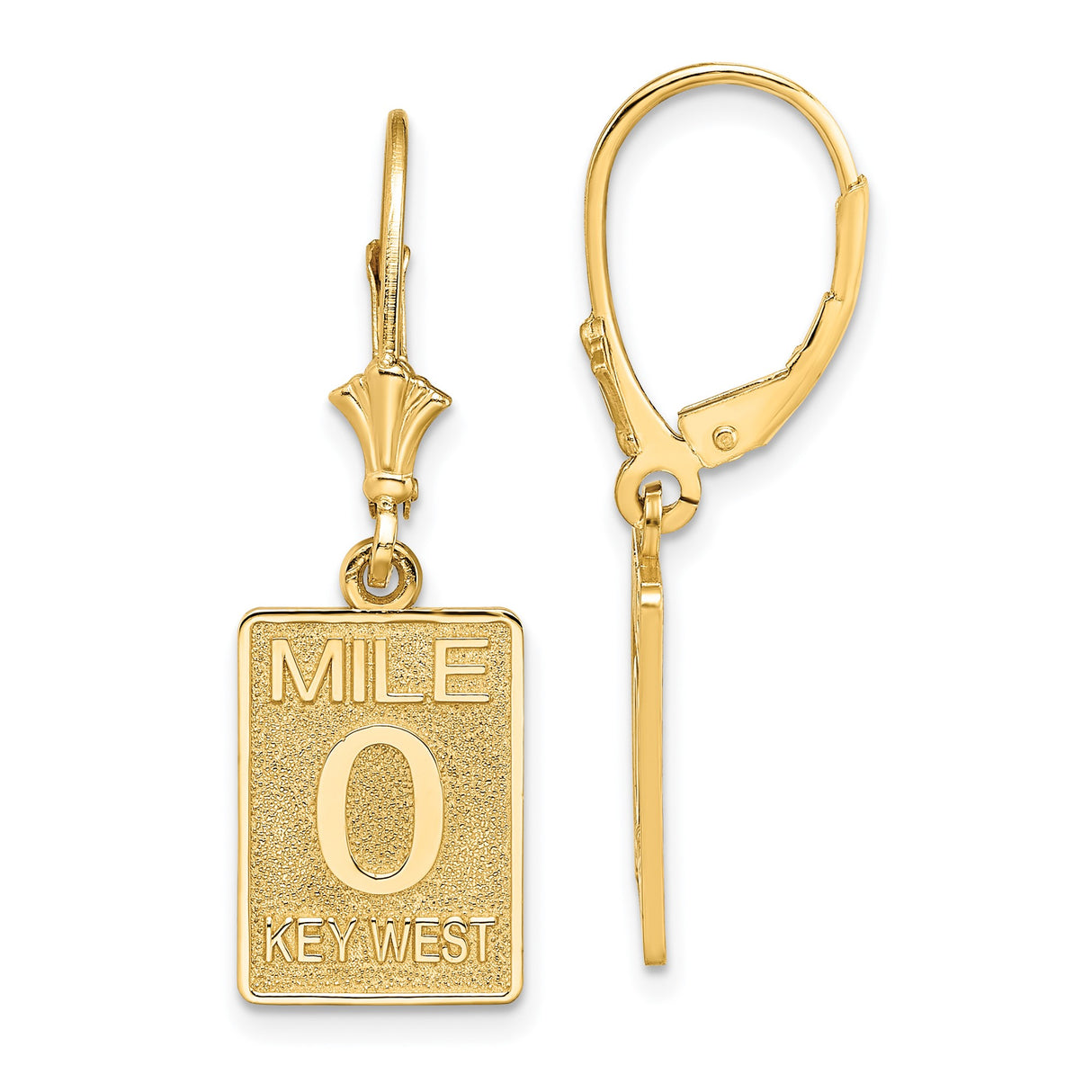 14k Yellow Gold Mile 0 Key West Dangle Earrings, Leverback Travel-Themed Jewelry for Women