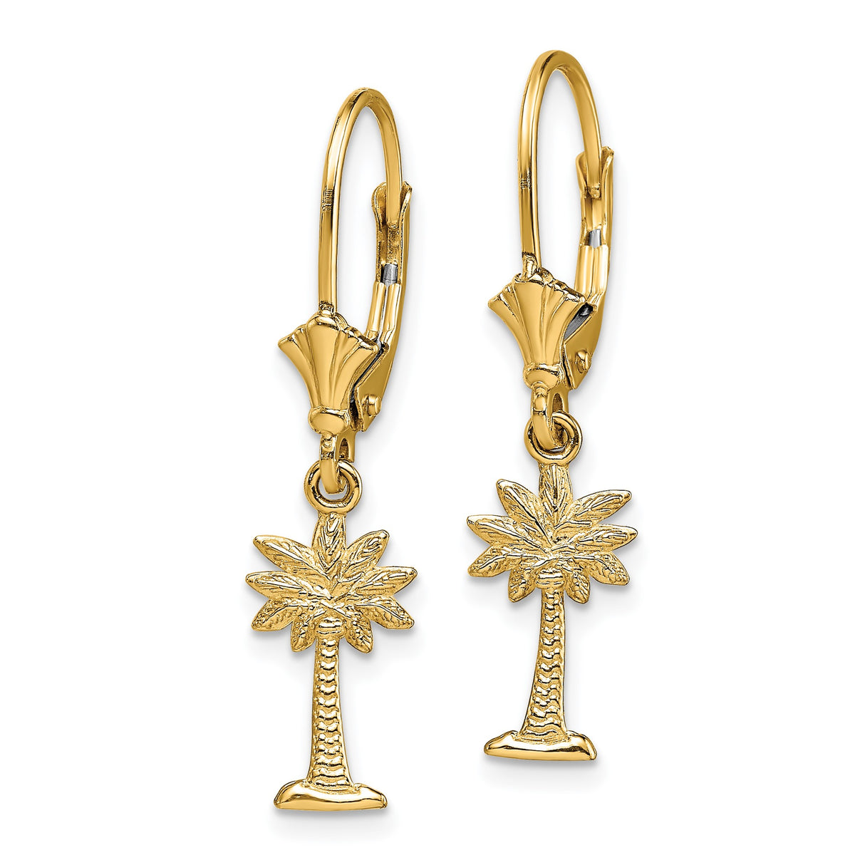 14k Yellow Gold Dangle Earrings with Palm Tree Charms, Tropical Style Leverback Design