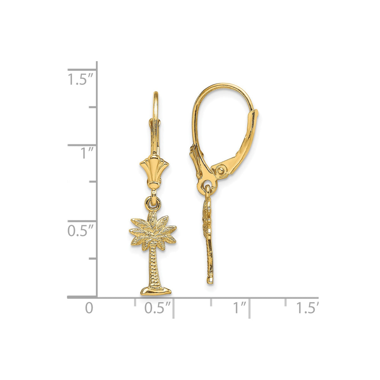 14k Yellow Gold Dangle Earrings with Palm Tree Charms, Tropical Style Leverback Design