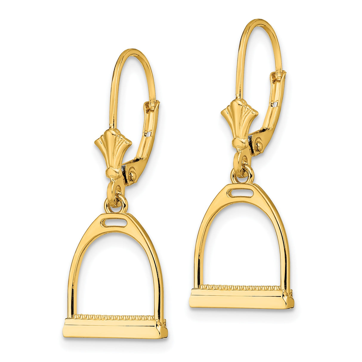 14k Yellow Gold Dangle Earrings, Stirrup Charm Equestrian Design, Leverback Backs