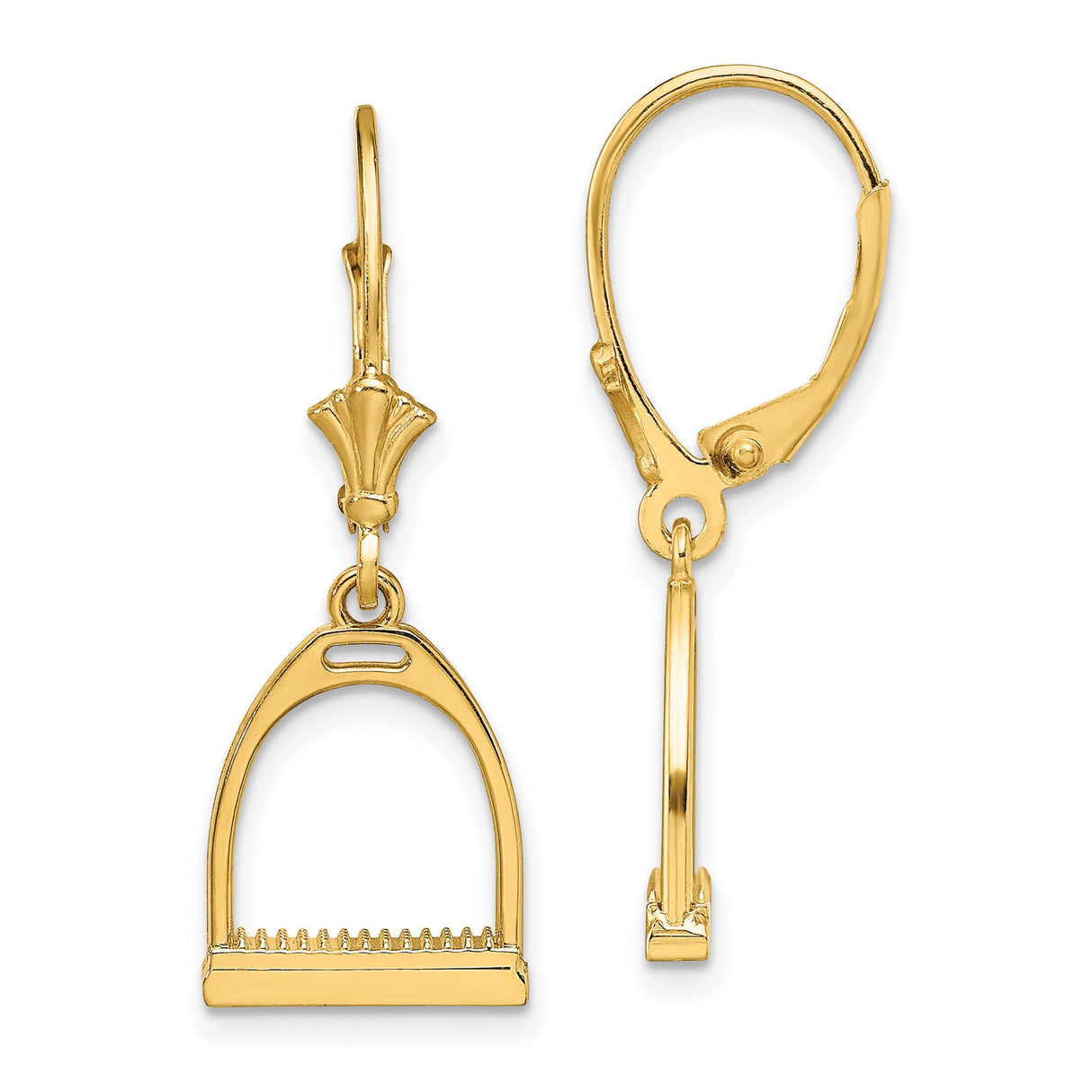 14k Yellow Gold Dangle Earrings, Stirrup Charm Equestrian Design, Leverback Backs