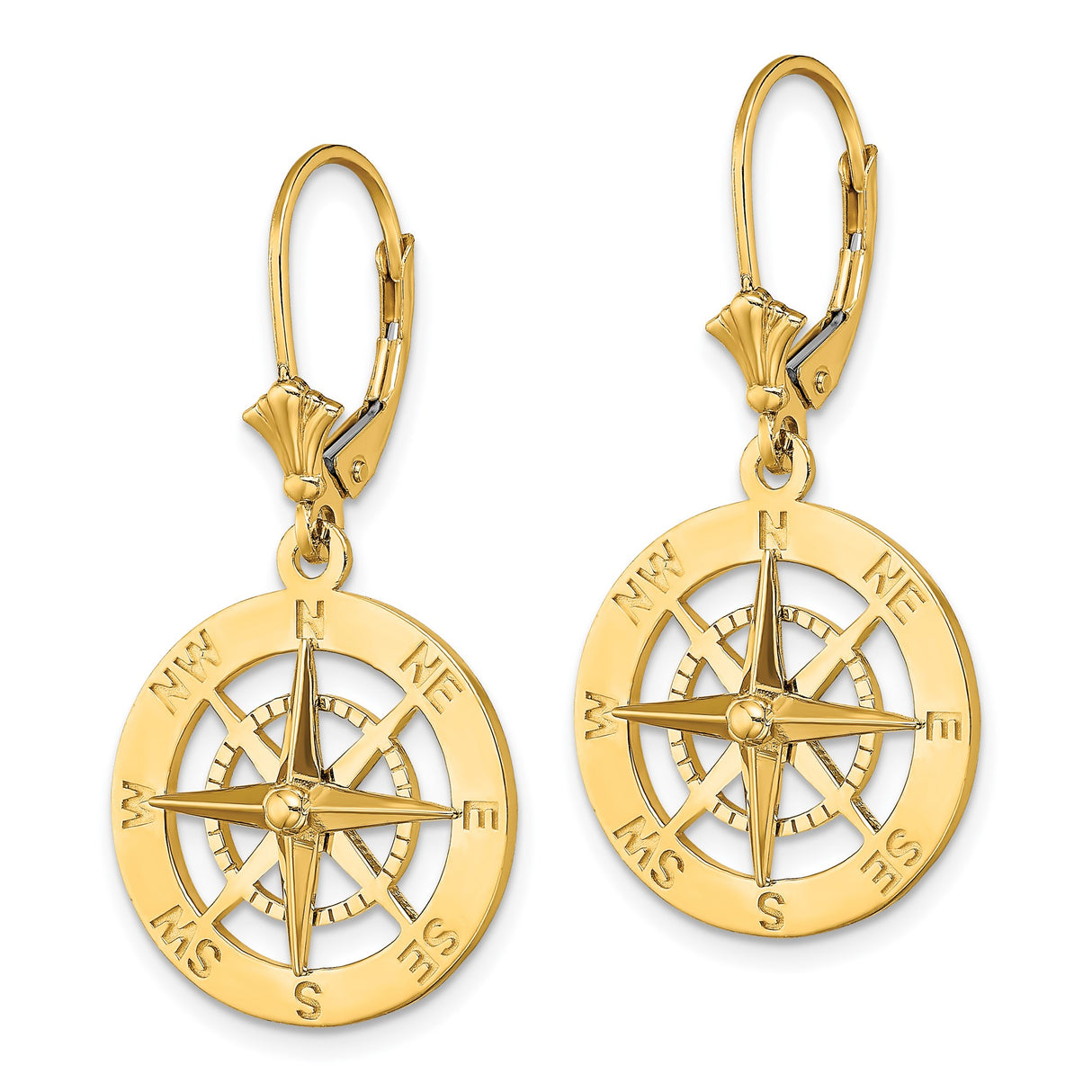 14k Yellow Gold Compass Rose Dangle Earrings with Leverbacks, Nautical Design for Women
