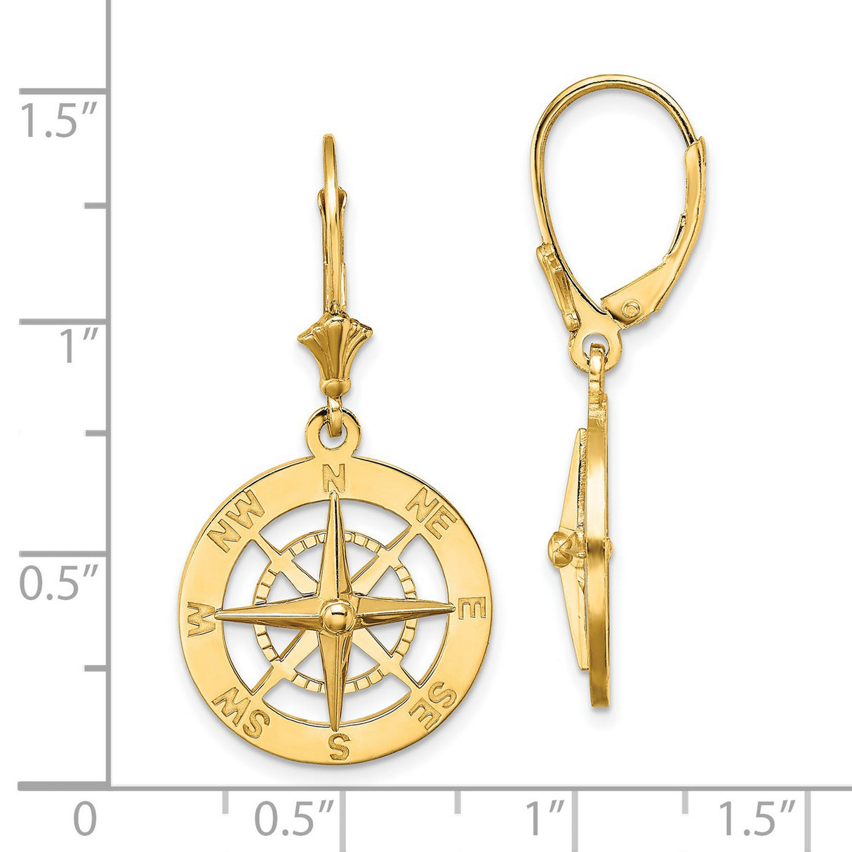 14k Yellow Gold Compass Rose Dangle Earrings with Leverbacks, Nautical Design for Women