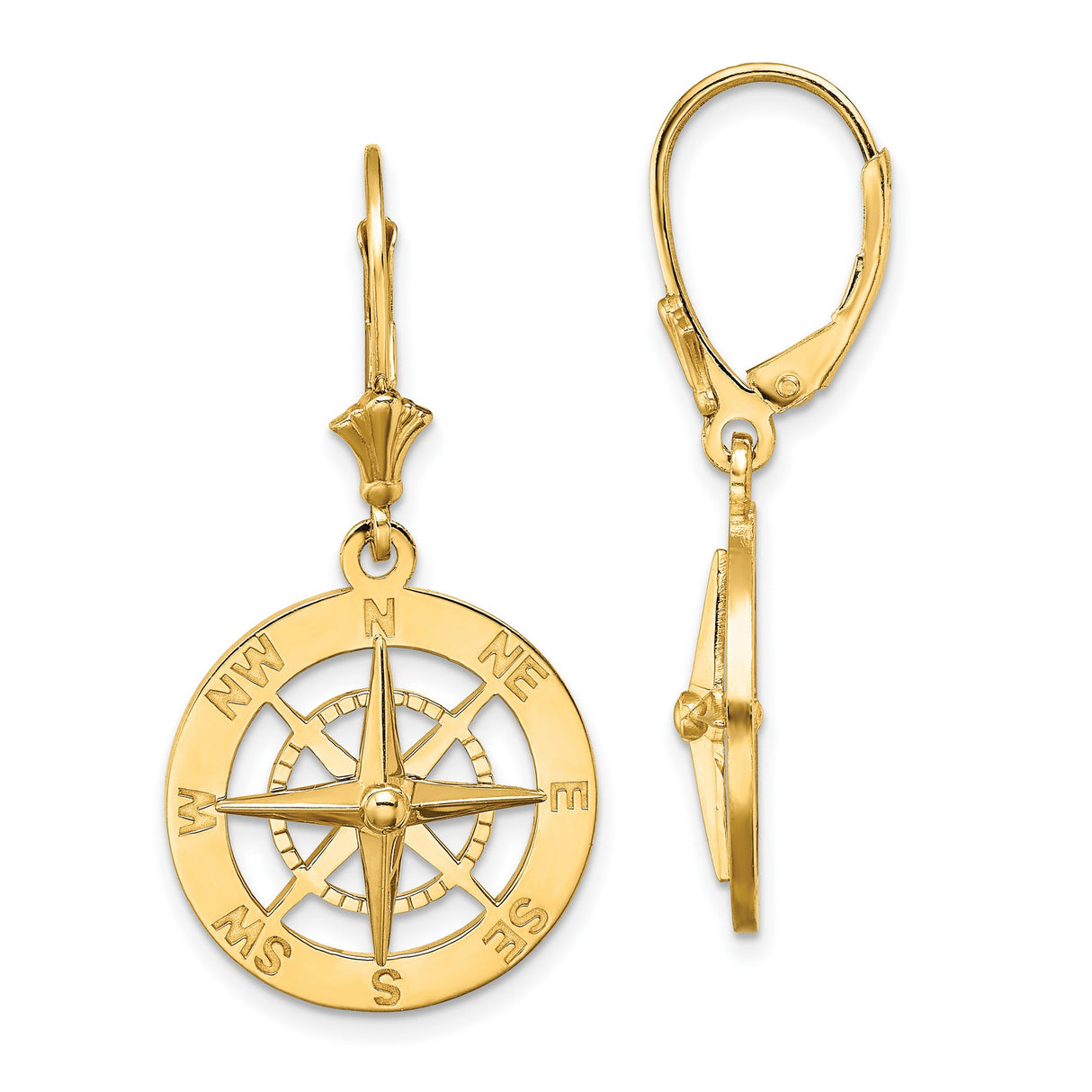 14k Yellow Gold Compass Rose Dangle Earrings with Leverbacks, Nautical Design for Women