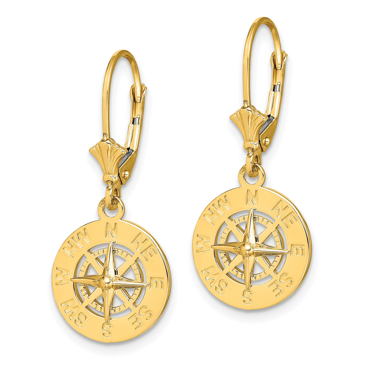 14k Yellow Gold Dangle Earrings, Compass Rose Design, Nautical Boho Style for Women