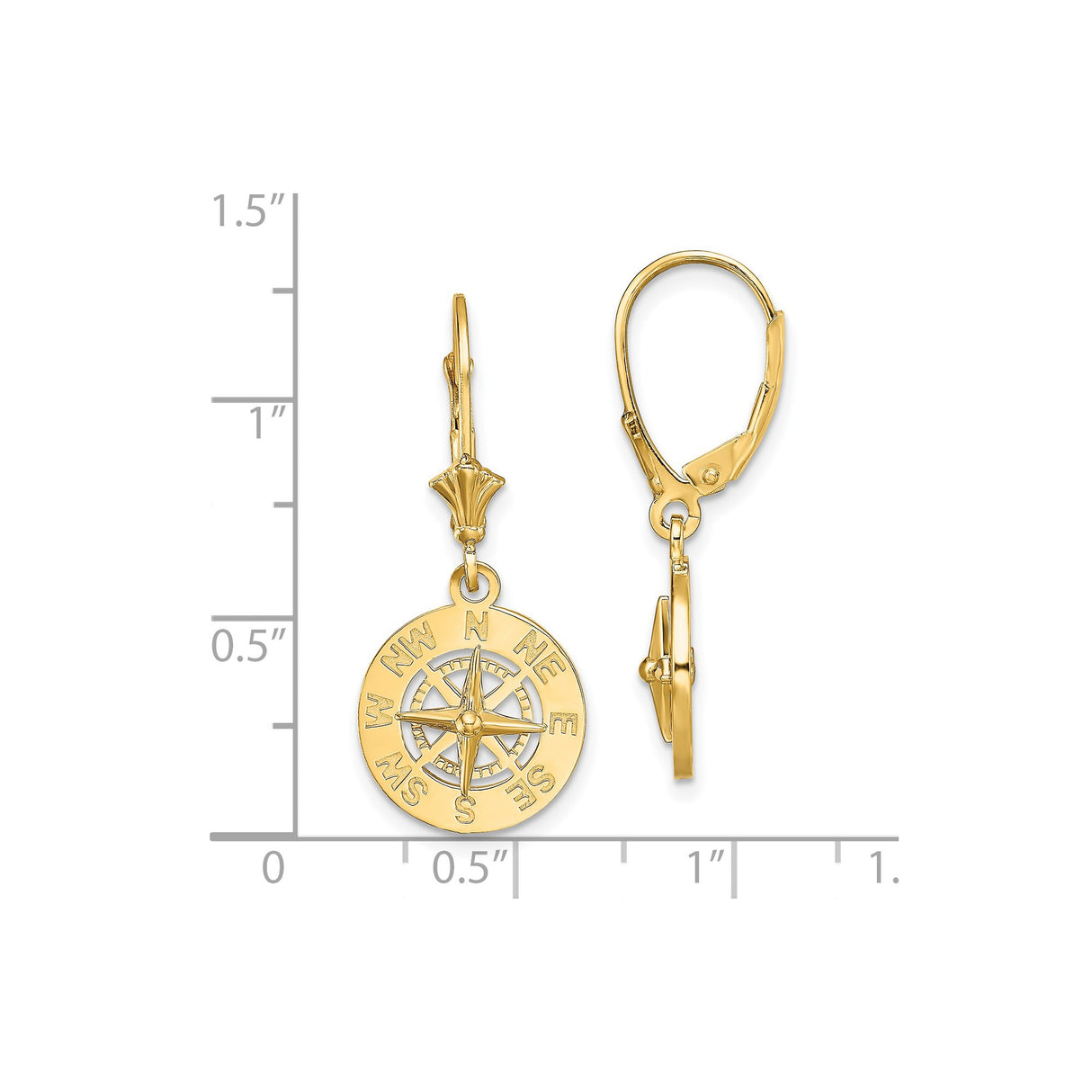 14k Yellow Gold Dangle Earrings, Compass Rose Design, Nautical Boho Style for Women