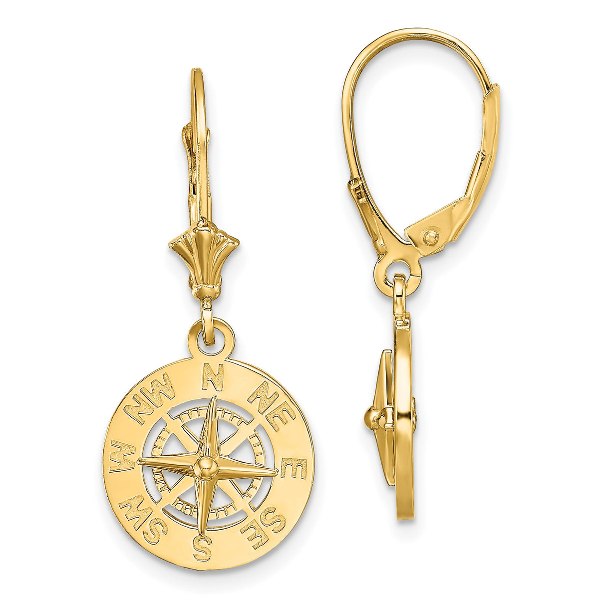 14k Yellow Gold Dangle Earrings, Compass Rose Design, Nautical Boho Style for Women