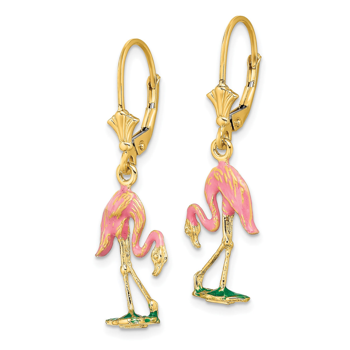 14k Yellow Gold Dangle Earrings with Pink Enamel Flamingo Design, Tropical Bird Theme for Women