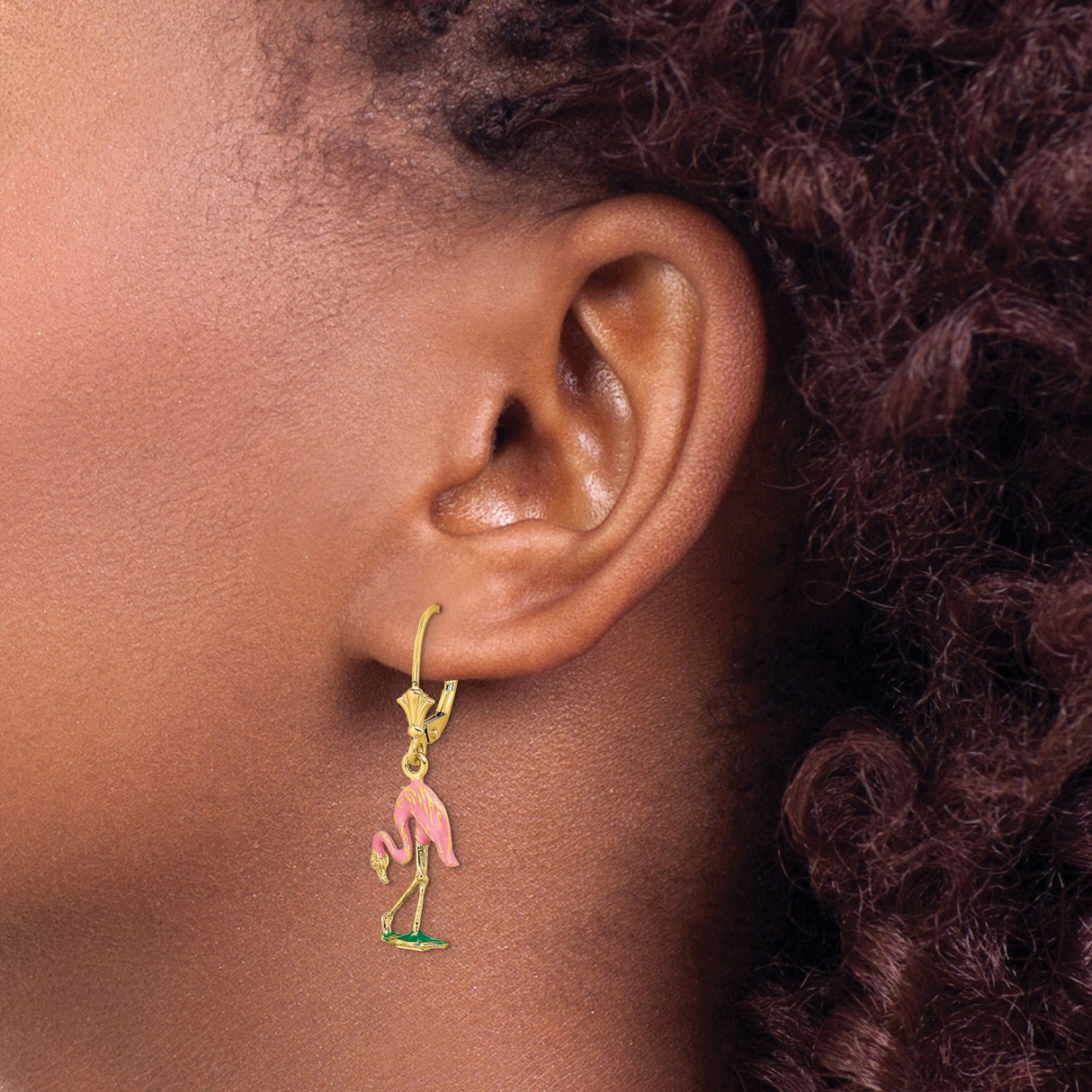 14k Yellow Gold Dangle Earrings with Pink Enamel Flamingo Design, Tropical Bird Theme for Women