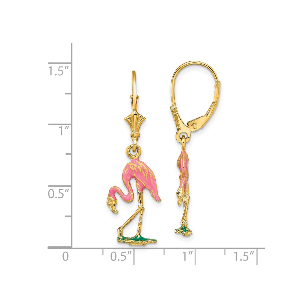 14k Yellow Gold Dangle Earrings with Pink Enamel Flamingo Design, Tropical Bird Theme for Women