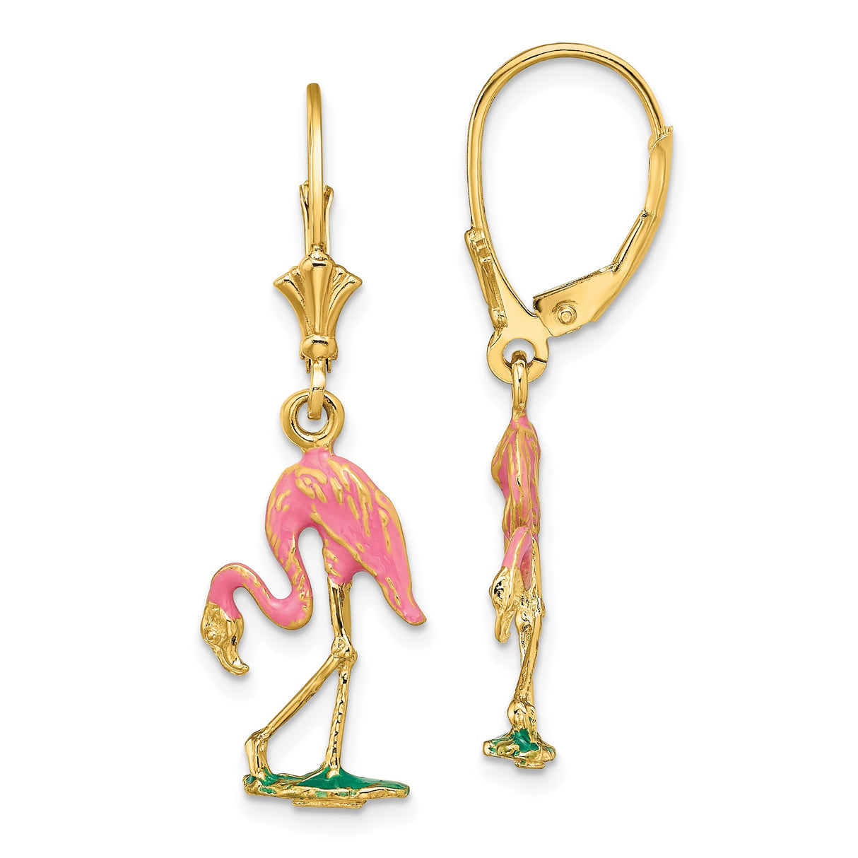 14k Yellow Gold Dangle Earrings with Pink Enamel Flamingo Design, Tropical Bird Theme for Women