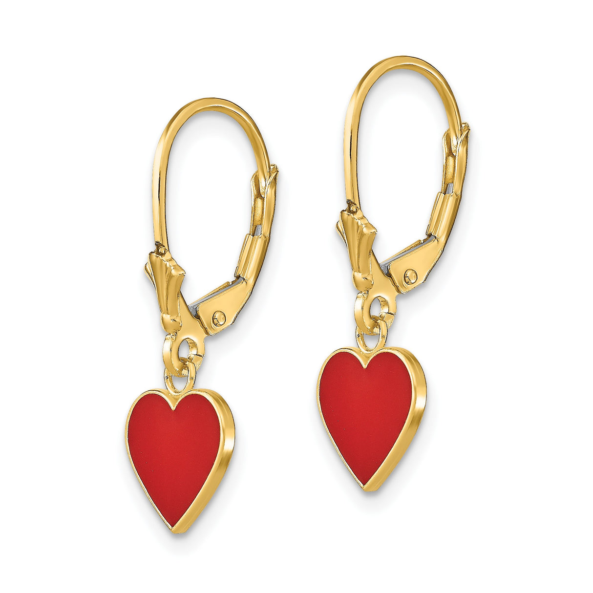 14k Yellow Gold Leverback Earrings with Red Enamel Heart Charms, Romantic Dangle Design