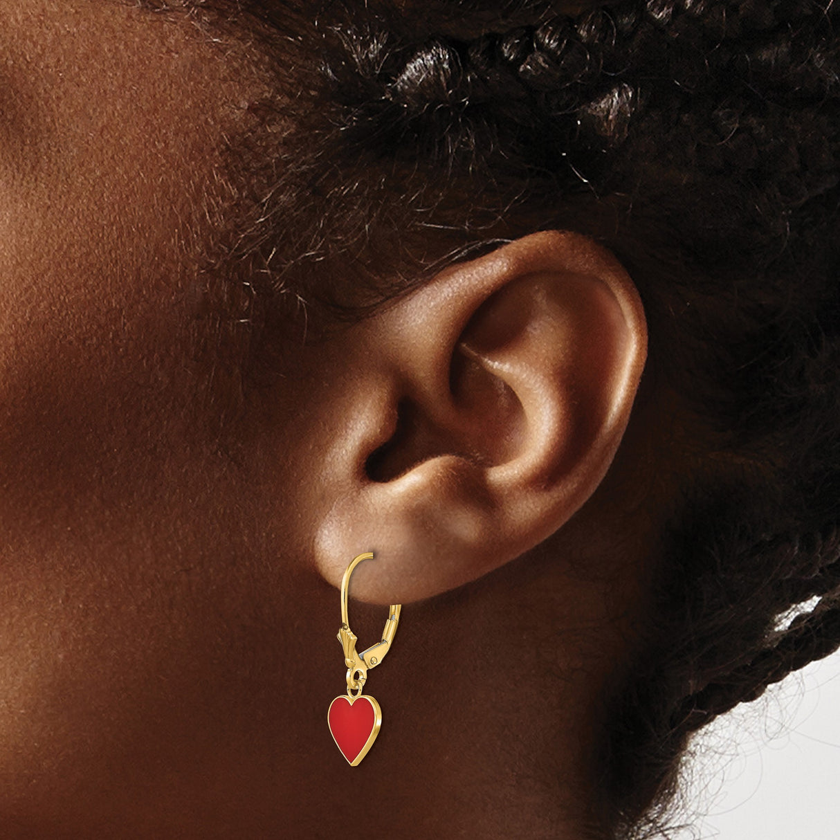 14k Yellow Gold Leverback Earrings with Red Enamel Heart Charms, Romantic Dangle Design