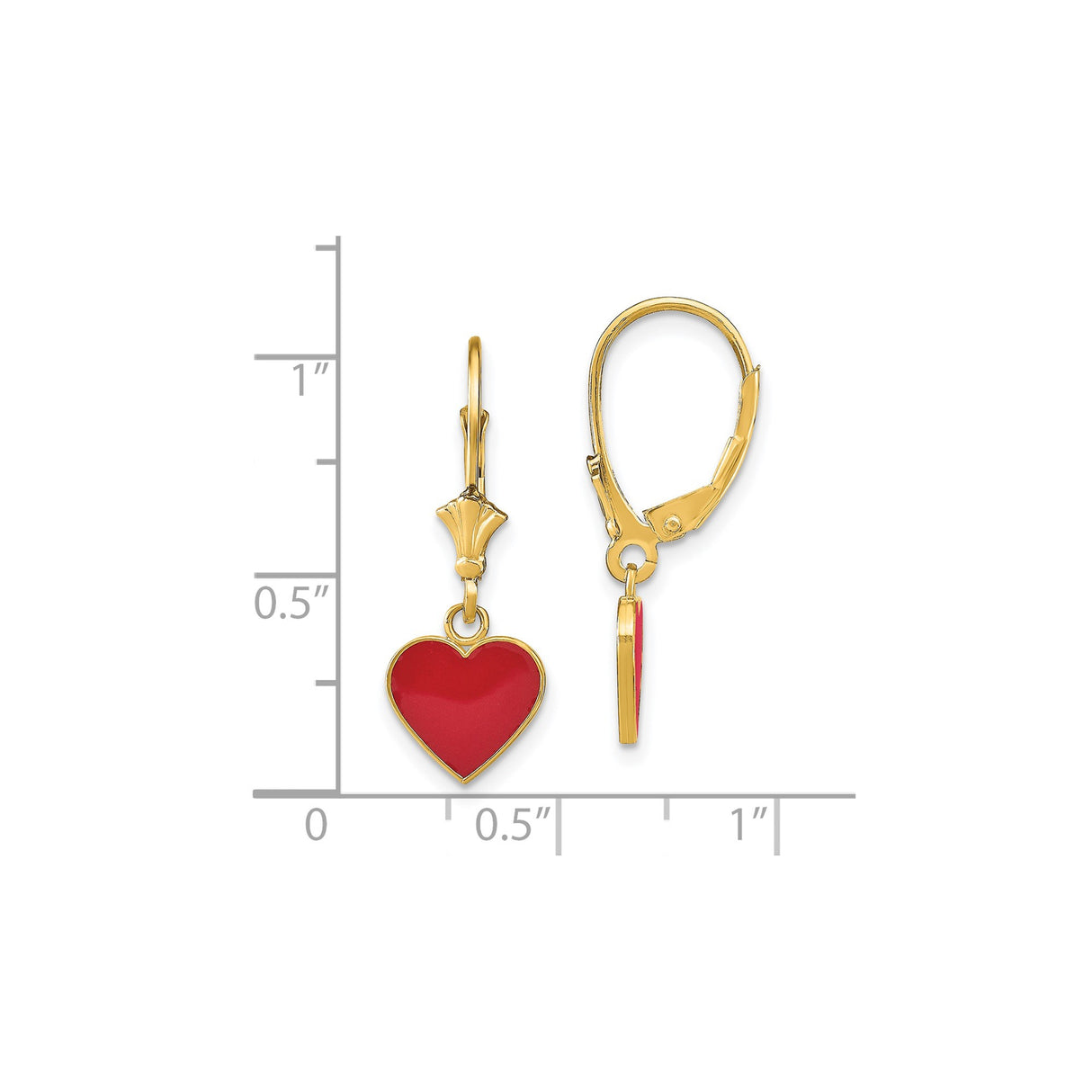 14k Yellow Gold Leverback Earrings with Red Enamel Heart Charms, Romantic Dangle Design