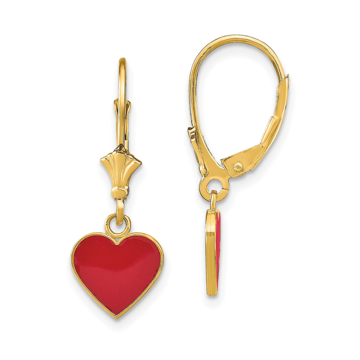 14k Yellow Gold Leverback Earrings with Red Enamel Heart Charms, Romantic Dangle Design