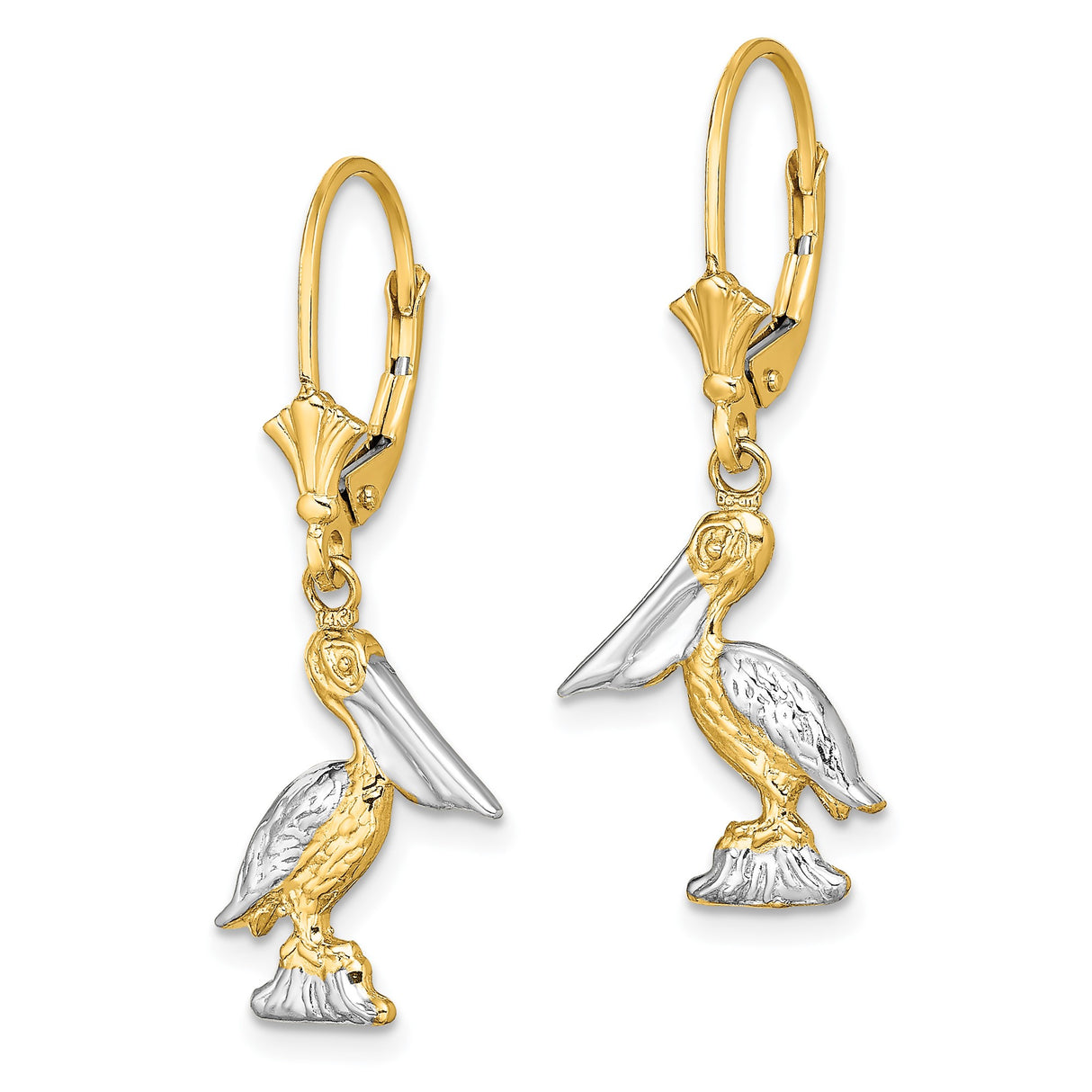 14k Yellow Gold Pelican Drop Earrings, Two-Tone Marine Theme with Leverback Clasps for Women