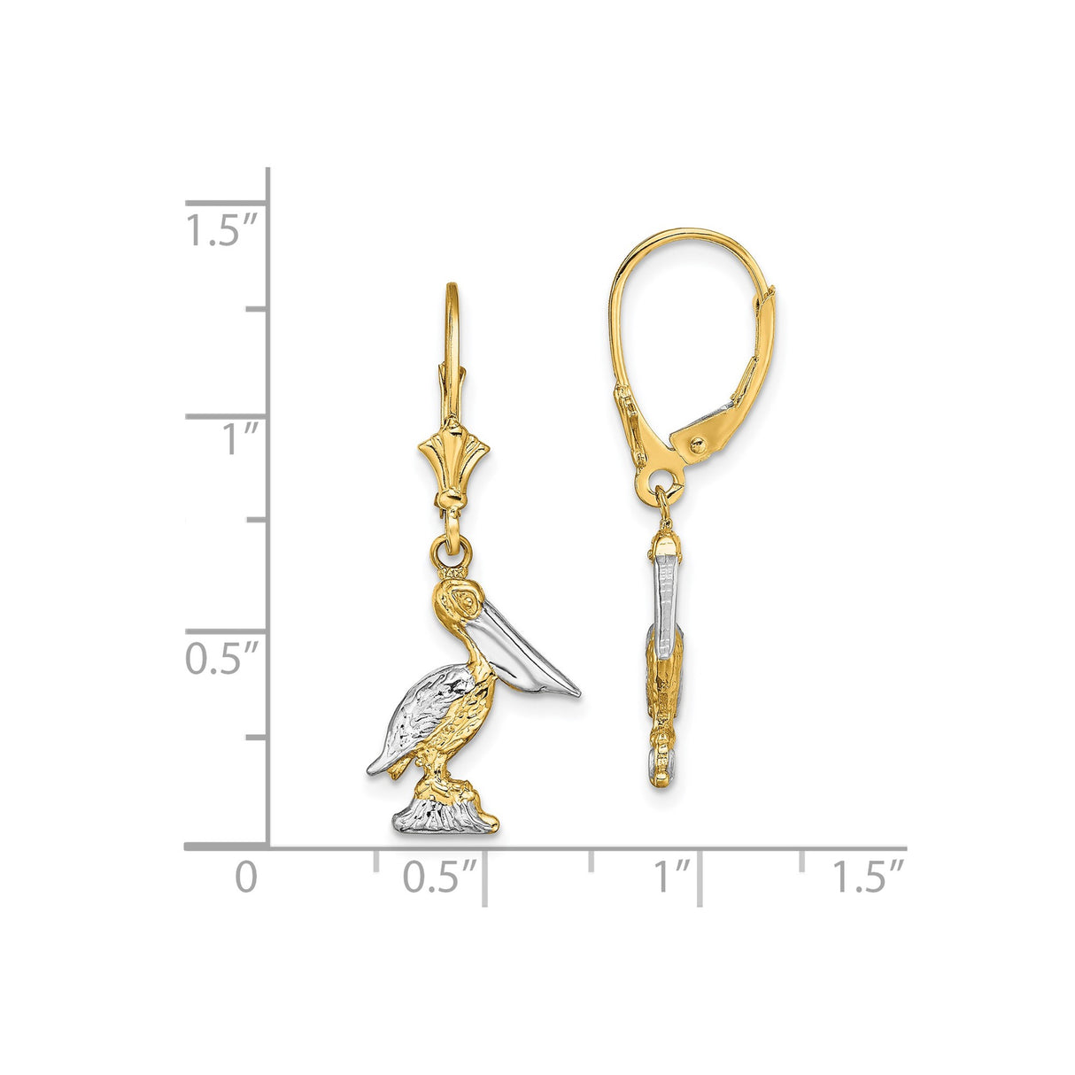 14k Yellow Gold Pelican Drop Earrings, Two-Tone Marine Theme with Leverback Clasps for Women