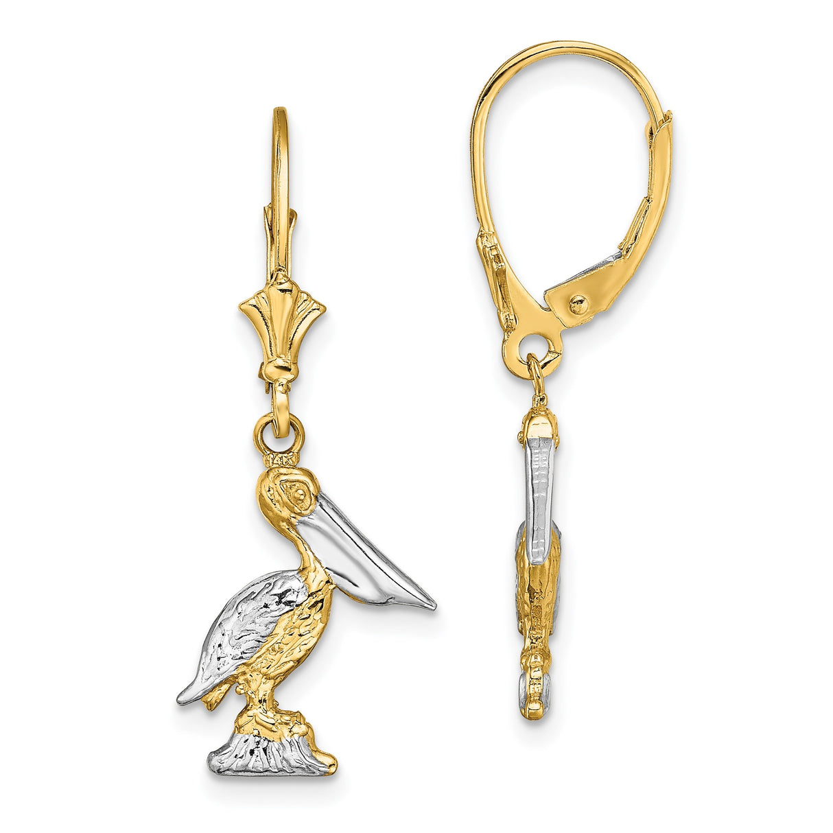 14k Yellow Gold Pelican Drop Earrings, Two-Tone Marine Theme with Leverback Clasps for Women