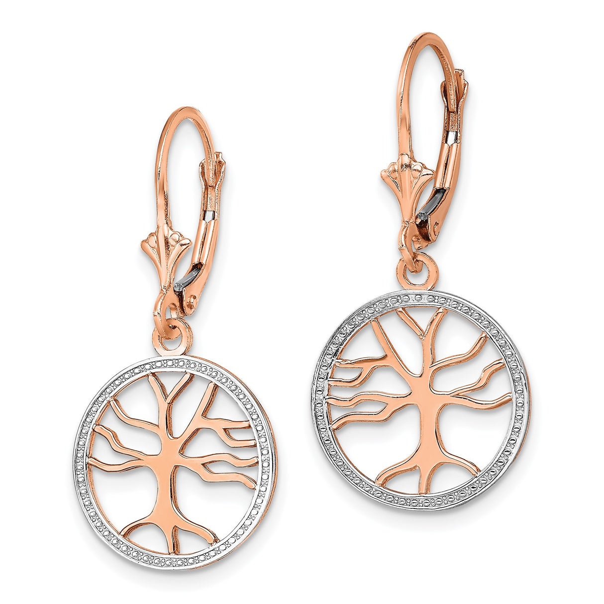 14k Multi-Tone Gold Tree of Life Dangle Leverback Earrings, Round Frame Design for Women