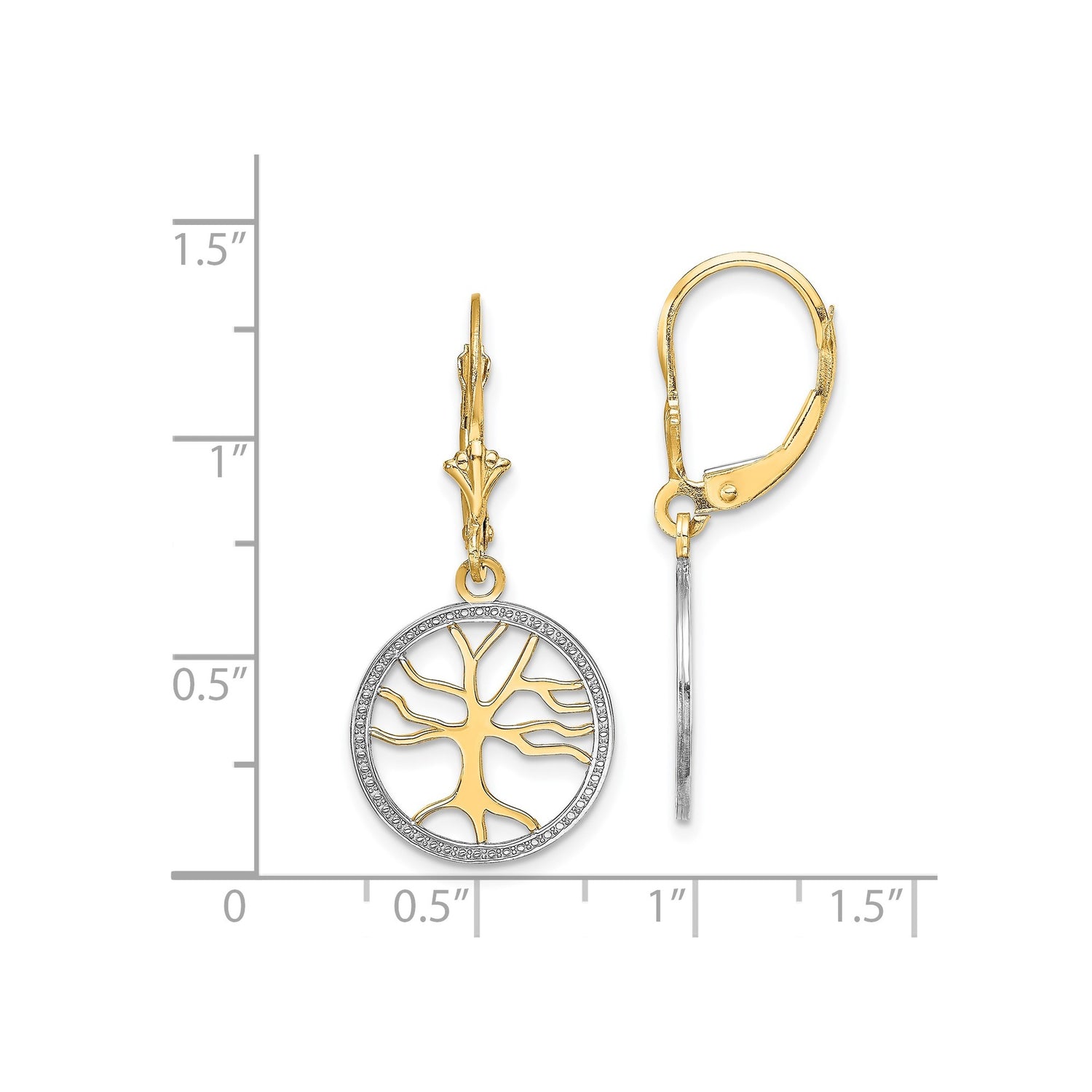 14k Multi-Tone Gold Tree of Life Dangle Leverback Earrings, Round Frame Design for Women