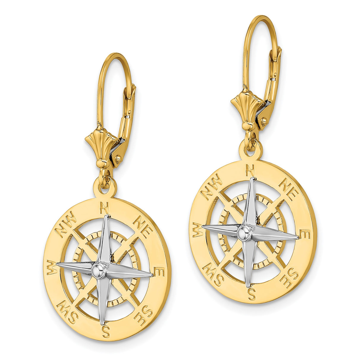 14k Yellow Gold Compass Rose Dangle Earrings, Nautical Adventure Theme for Women
