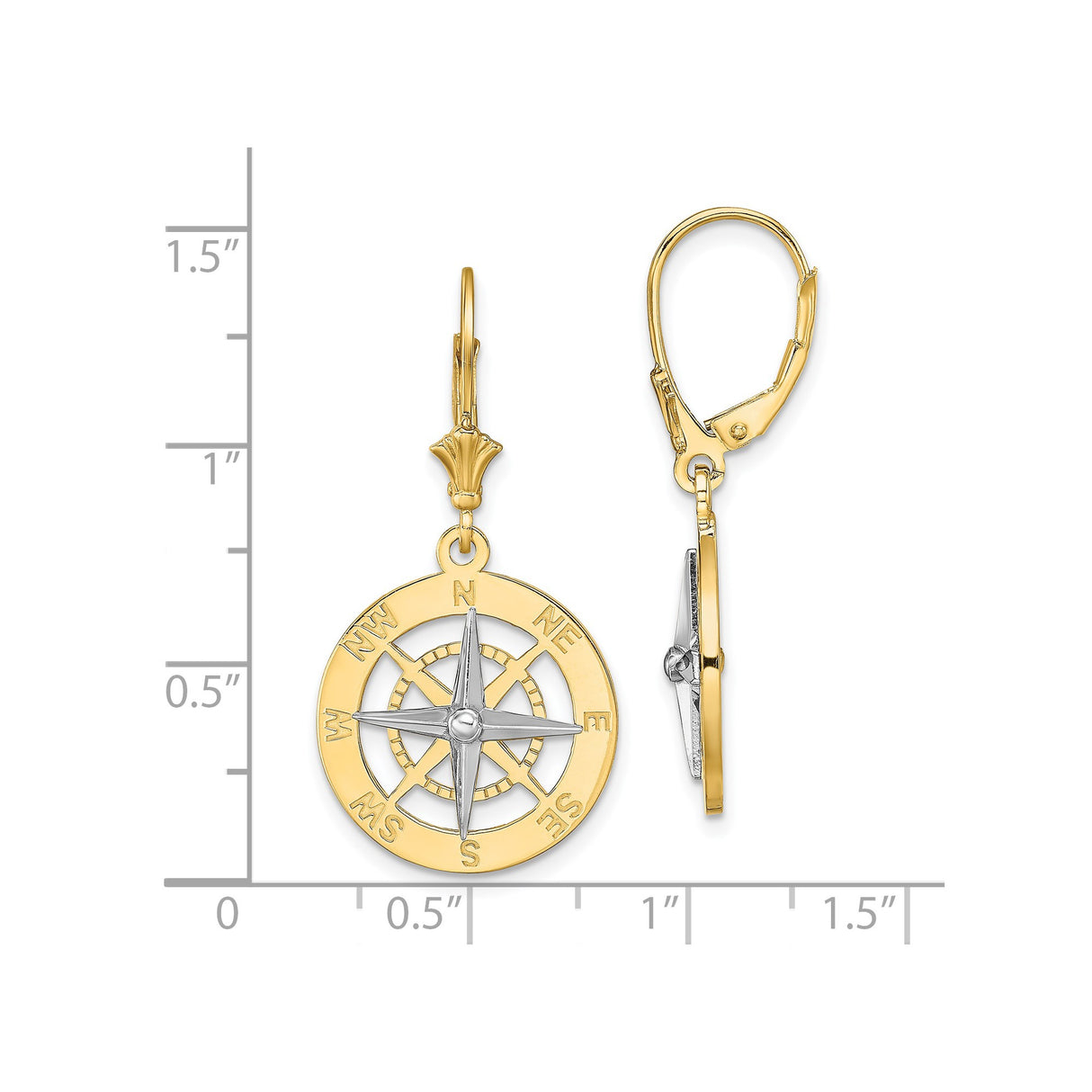 14k Yellow Gold Compass Rose Dangle Earrings, Nautical Adventure Theme for Women