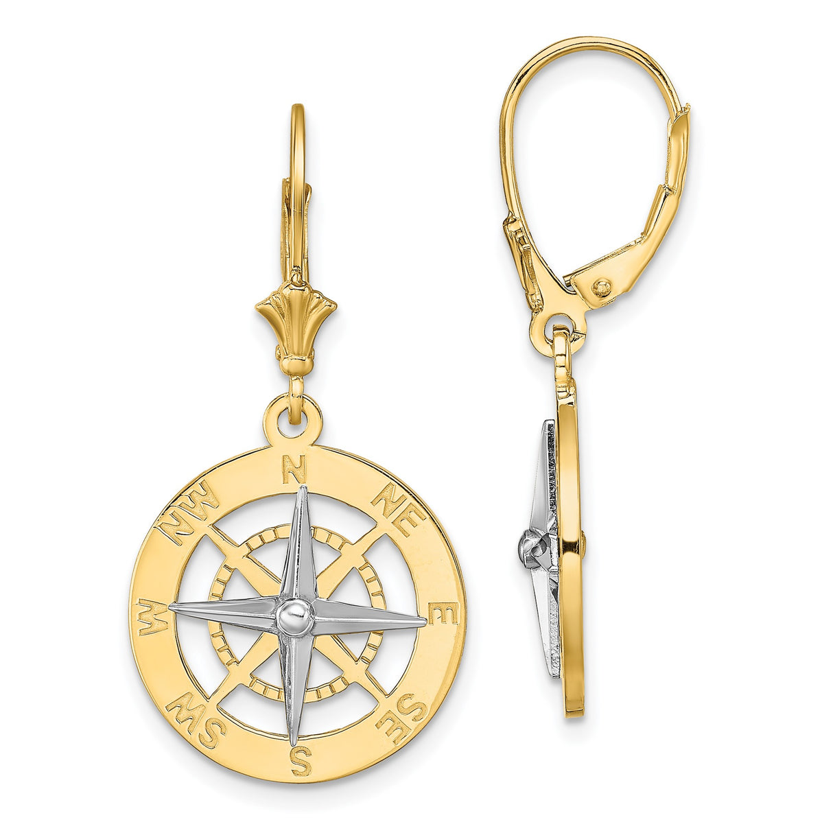 14k Yellow Gold Compass Rose Dangle Earrings, Nautical Adventure Theme for Women