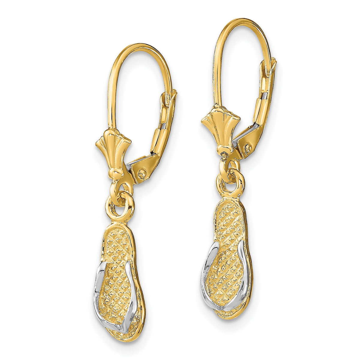 14k Yellow Gold Earrings, Flip-Flop Dangle Design, Mixed Metal Beach Theme for Women