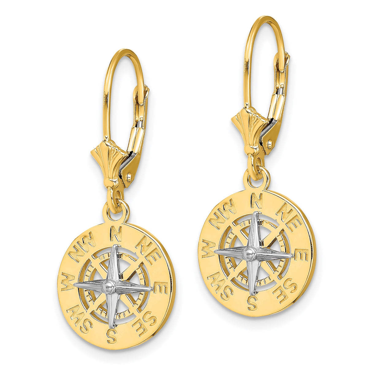 14k Two-Tone Gold Compass Rose Leverback Dangle Earrings, Nautical Travel Theme