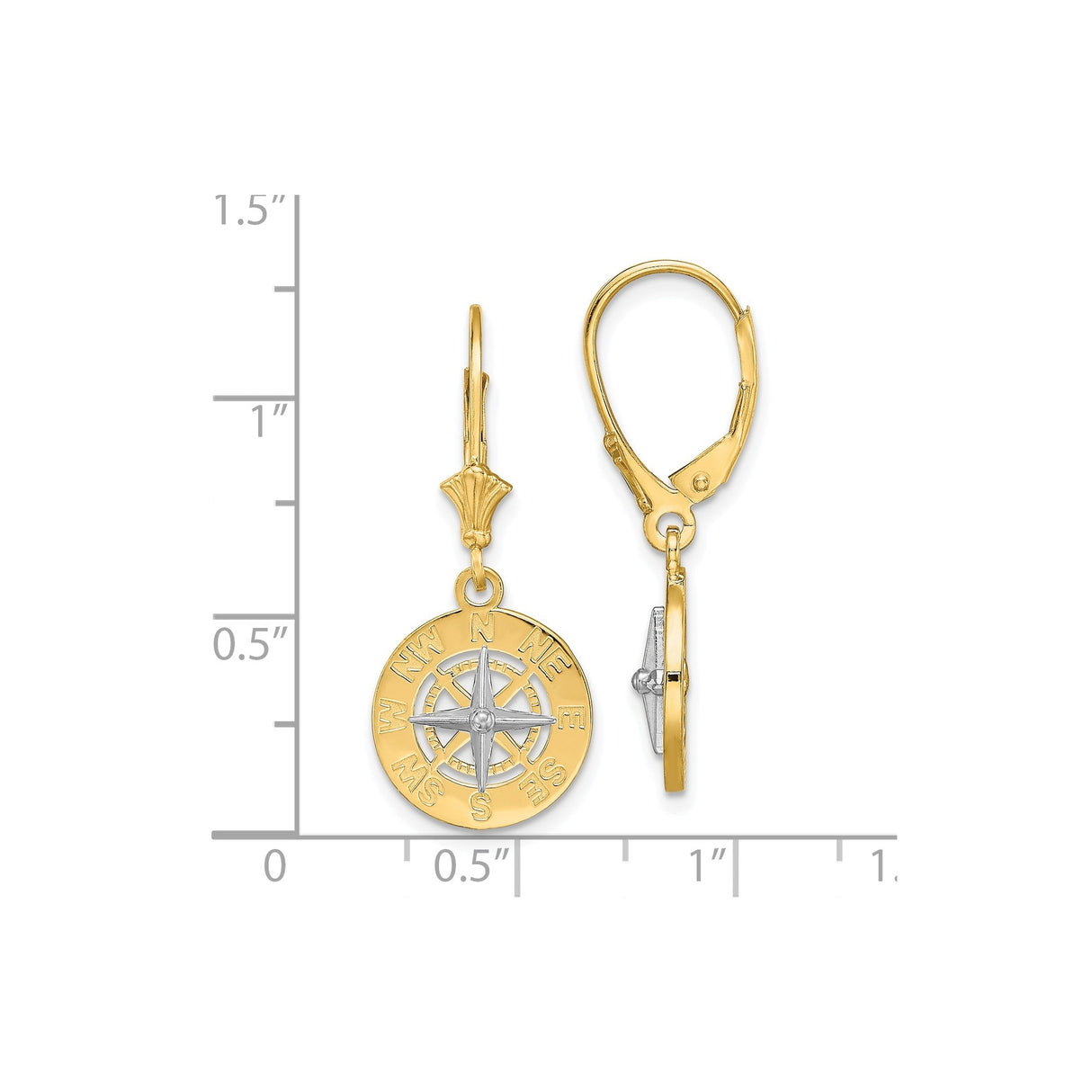 14k Two-Tone Gold Compass Rose Leverback Dangle Earrings, Nautical Travel Theme