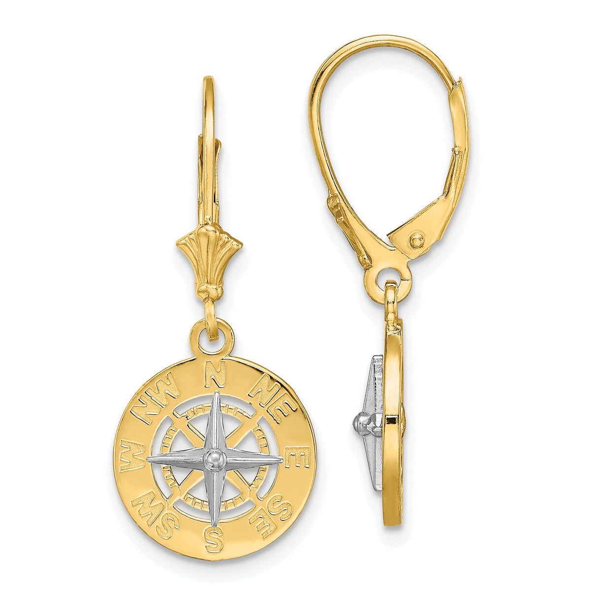 14k Two-Tone Gold Compass Rose Leverback Dangle Earrings, Nautical Travel Theme