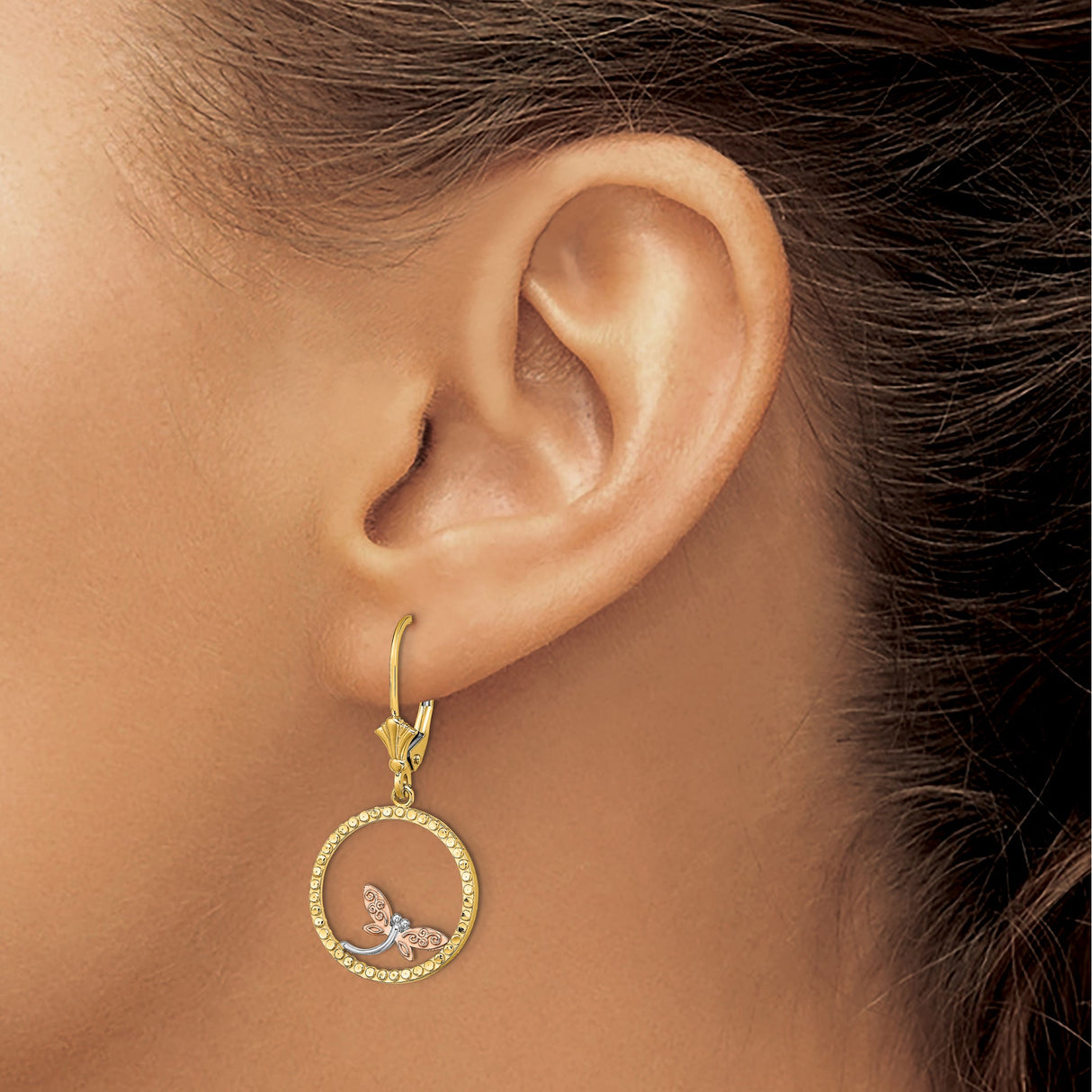 14k Yellow Gold Dangle Earrings with Dragonfly in Two-Tone Textured Circle Design