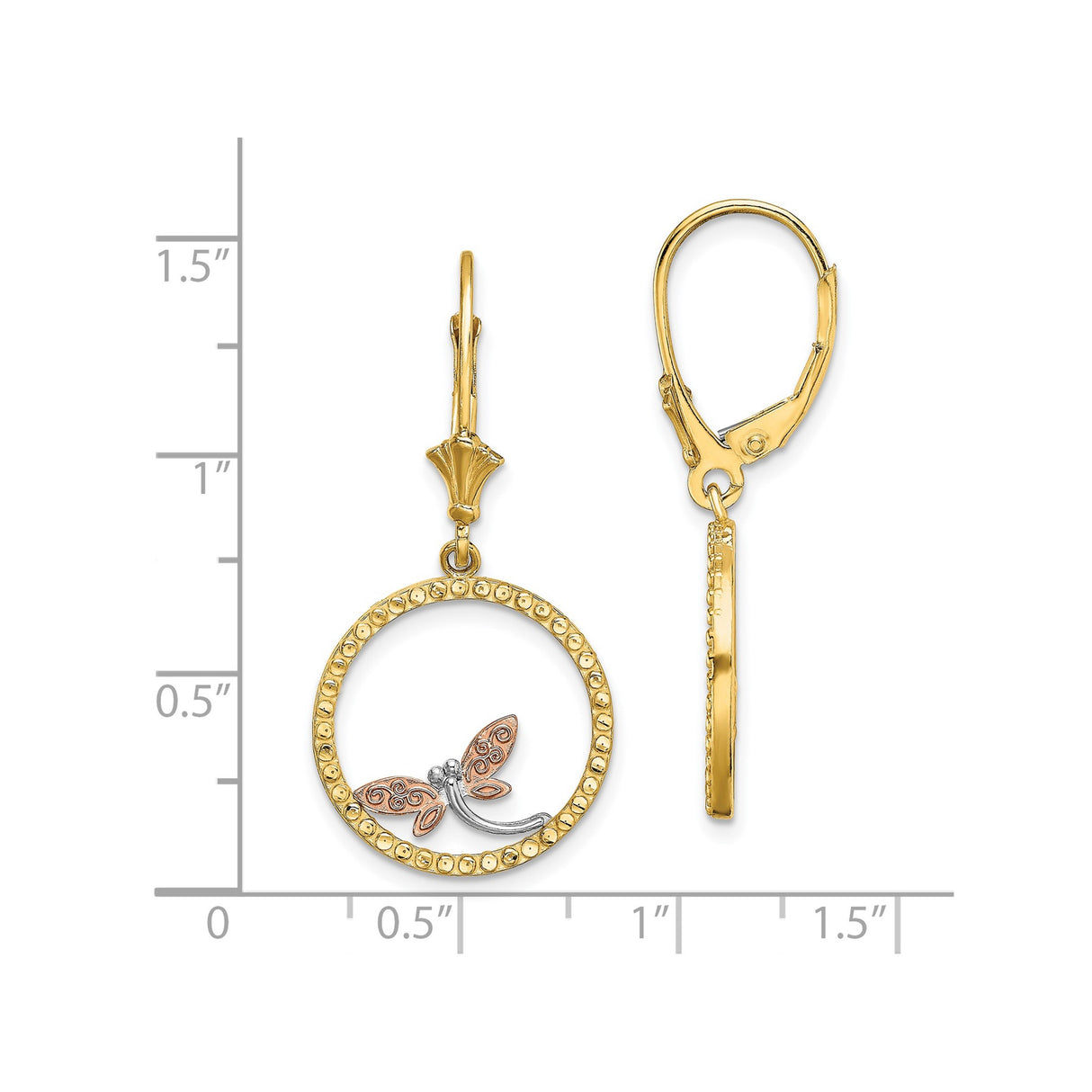 14k Yellow Gold Dangle Earrings with Dragonfly in Two-Tone Textured Circle Design