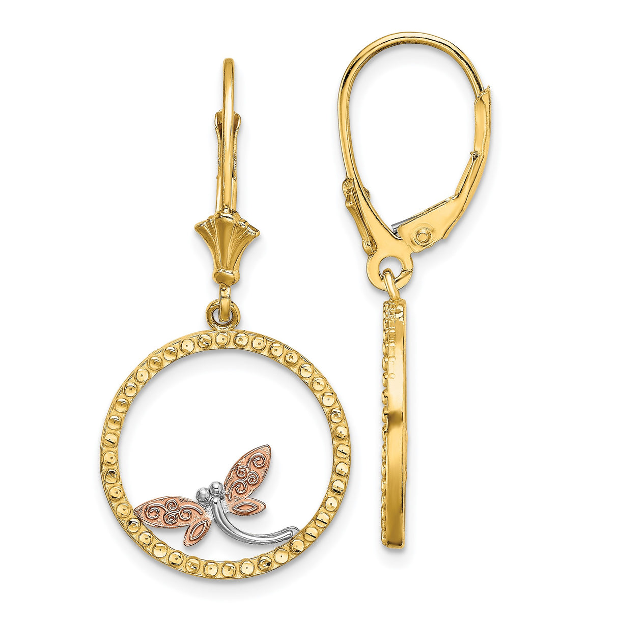14k Yellow Gold Dangle Earrings with Dragonfly in Two-Tone Textured Circle Design