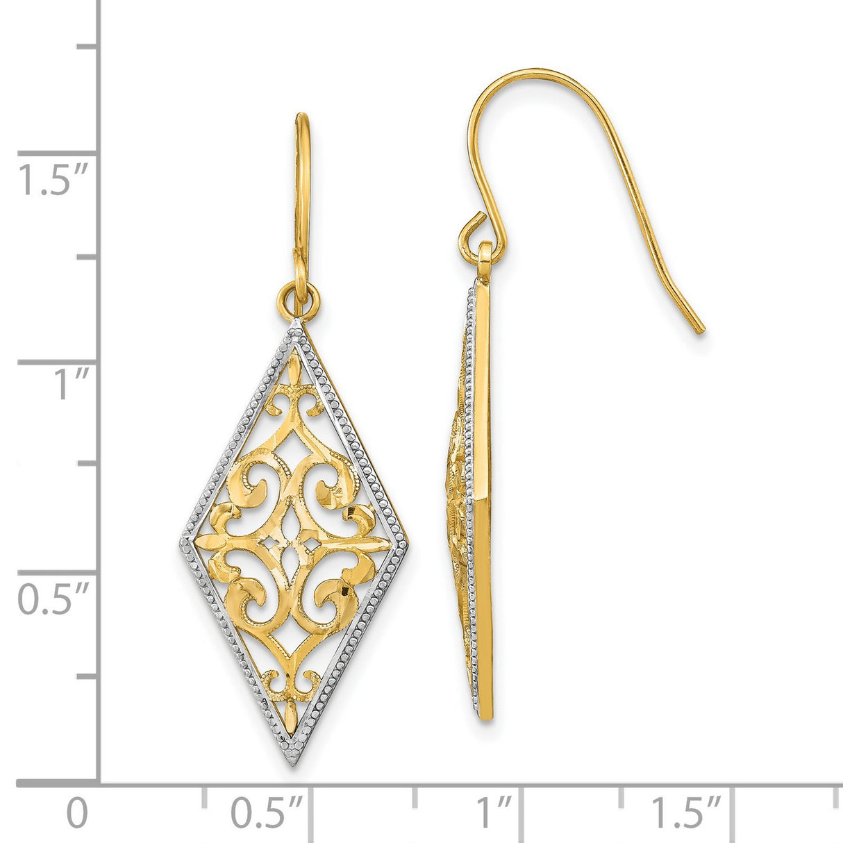 14k Yellow Gold Dangle Earrings with Rhodium Accents, Filigree Scrollwork, Vintage-Inspired Design