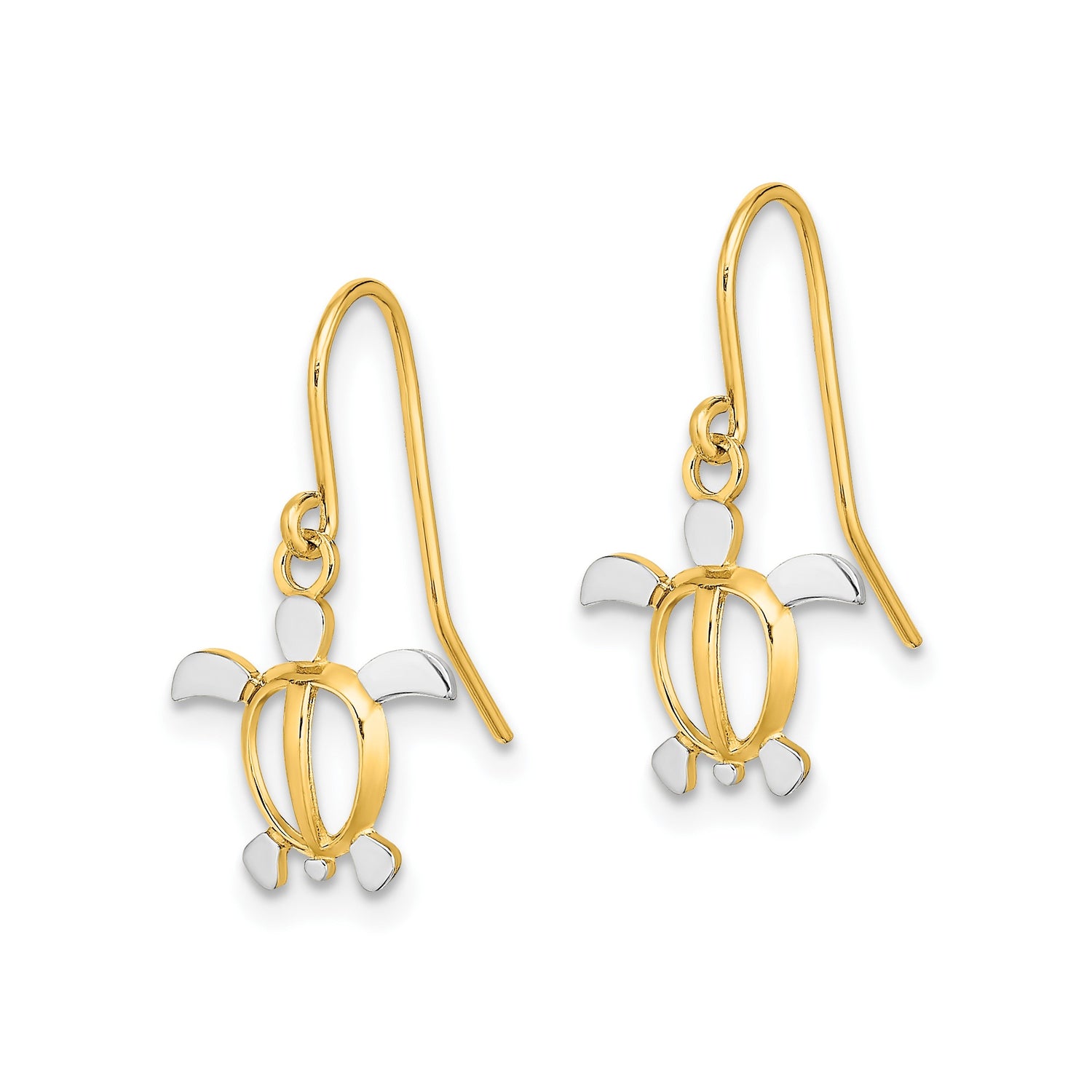 14k Yellow Gold Sea Turtle Dangle Earrings, Two Tone Ocean and Coastal Theme for Women