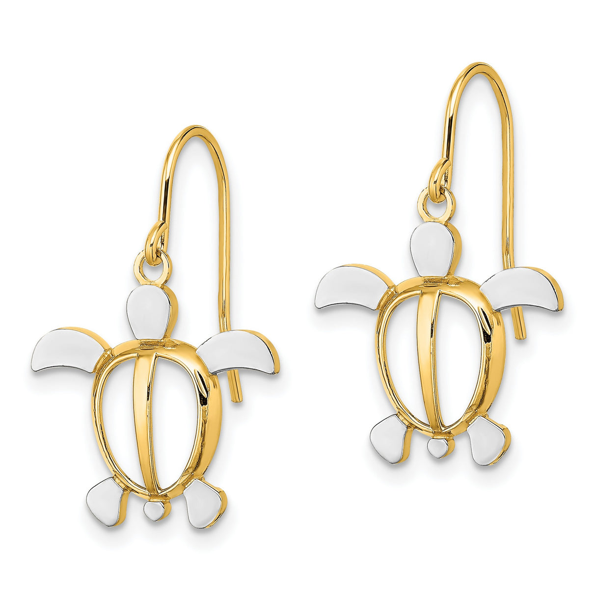 14k Yellow Gold Turtle Dangle Earrings with Rhodium Openwork, Nautical Ocean Theme Jewelry