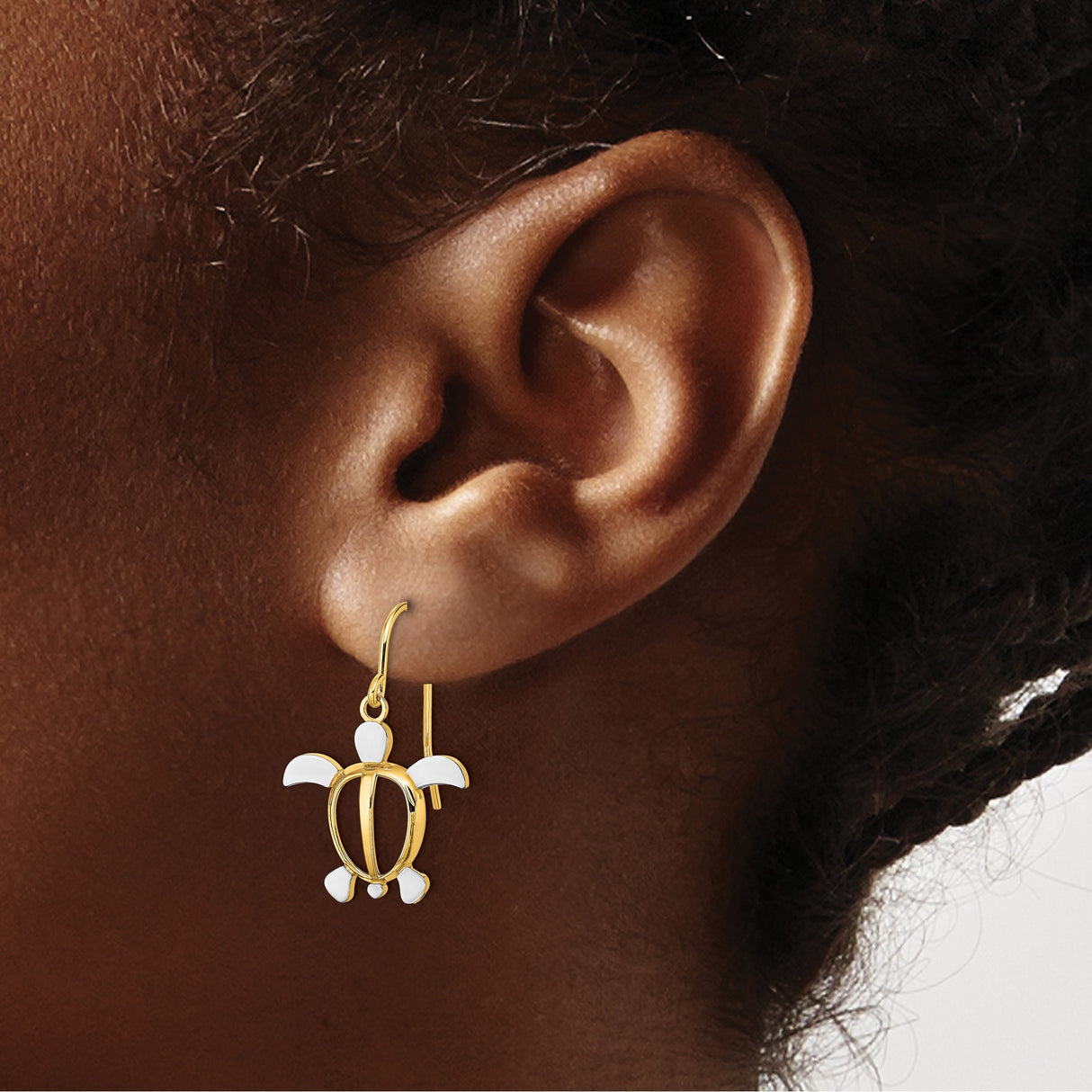 14k Yellow Gold Turtle Dangle Earrings with Rhodium Openwork, Nautical Ocean Theme Jewelry