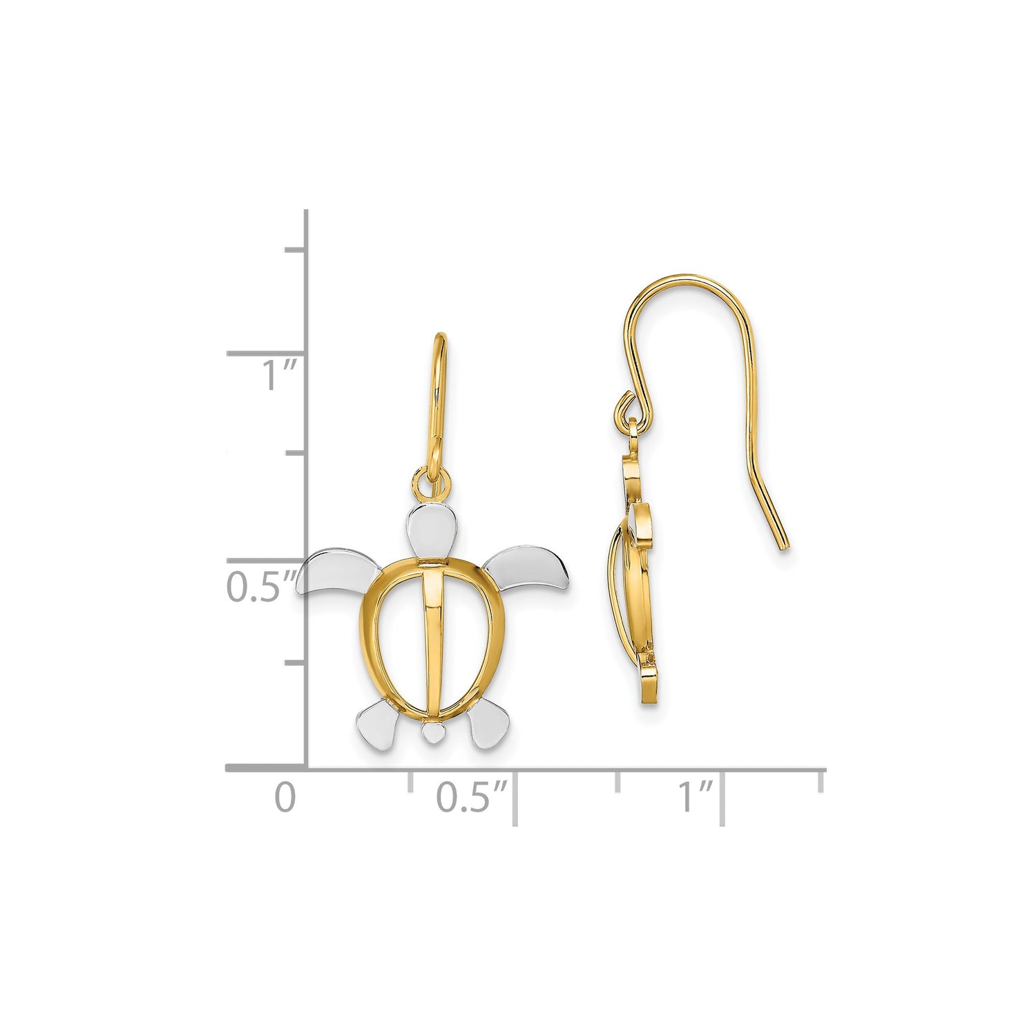 14k Yellow Gold Turtle Dangle Earrings with Rhodium Openwork, Nautical Ocean Theme Jewelry
