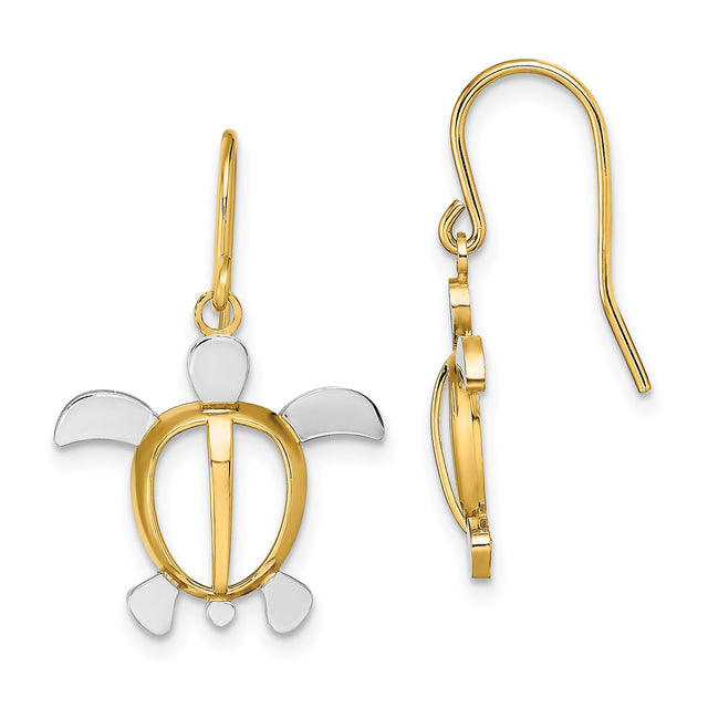 14k Yellow Gold Turtle Dangle Earrings with Rhodium Openwork, Nautical Ocean Theme Jewelry