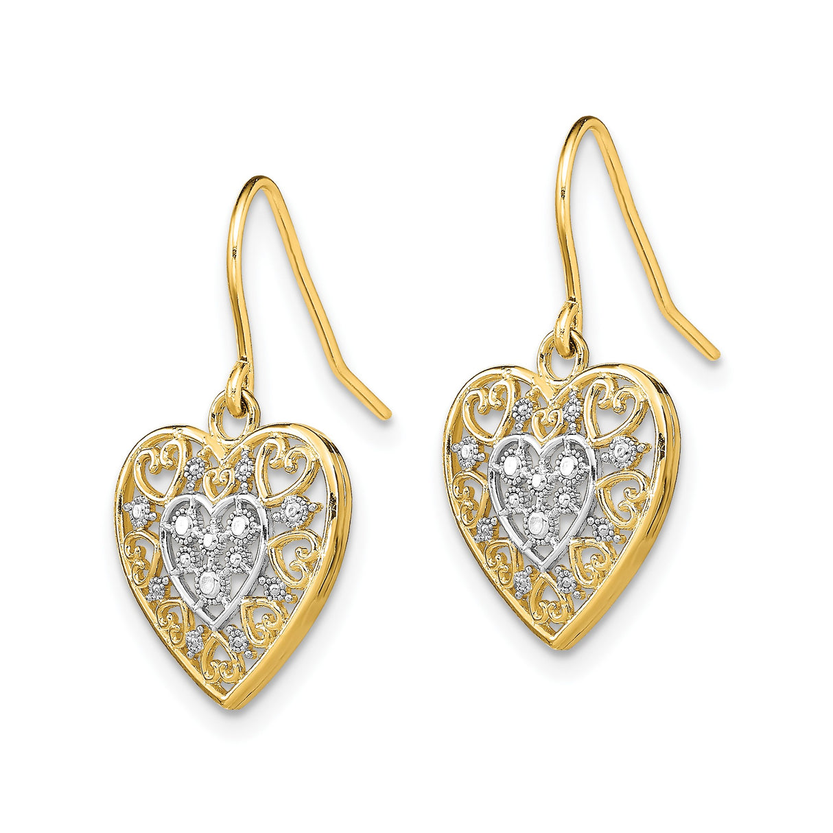 14k Yellow Gold Dangle Earrings with Rhodium Filigree Heart, Nested Hearts, Floral Accents