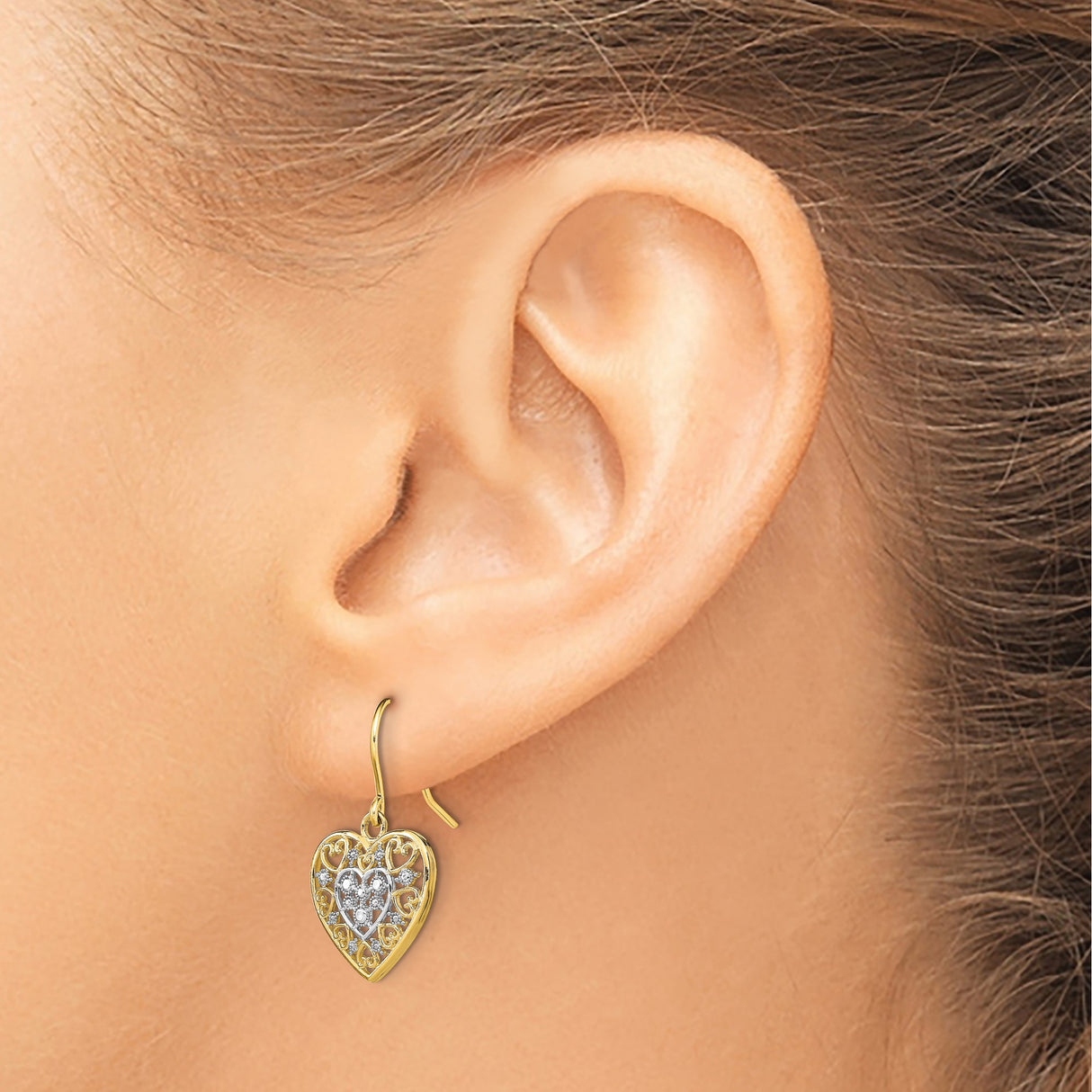 14k Yellow Gold Dangle Earrings with Rhodium Filigree Heart, Nested Hearts, Floral Accents