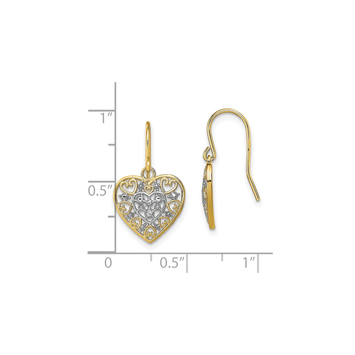 14k Yellow Gold Dangle Earrings with Rhodium Filigree Heart, Nested Hearts, Floral Accents