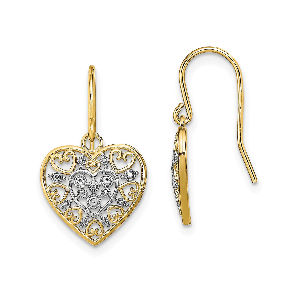 14k Yellow Gold Dangle Earrings with Rhodium Filigree Heart, Nested Hearts, Floral Accents