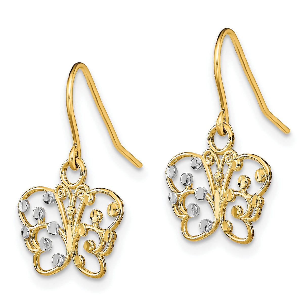 14k Yellow Gold Butterfly Dangle Earrings with Openwork Wings and Rhodium Accents