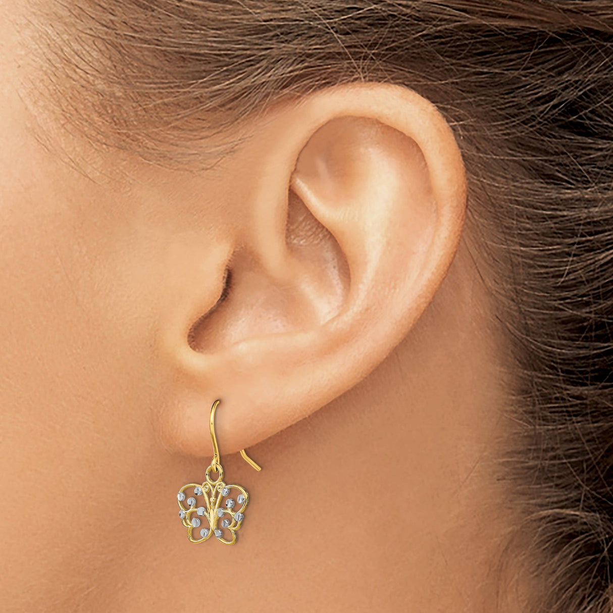 14k Yellow Gold Butterfly Dangle Earrings with Openwork Wings and Rhodium Accents