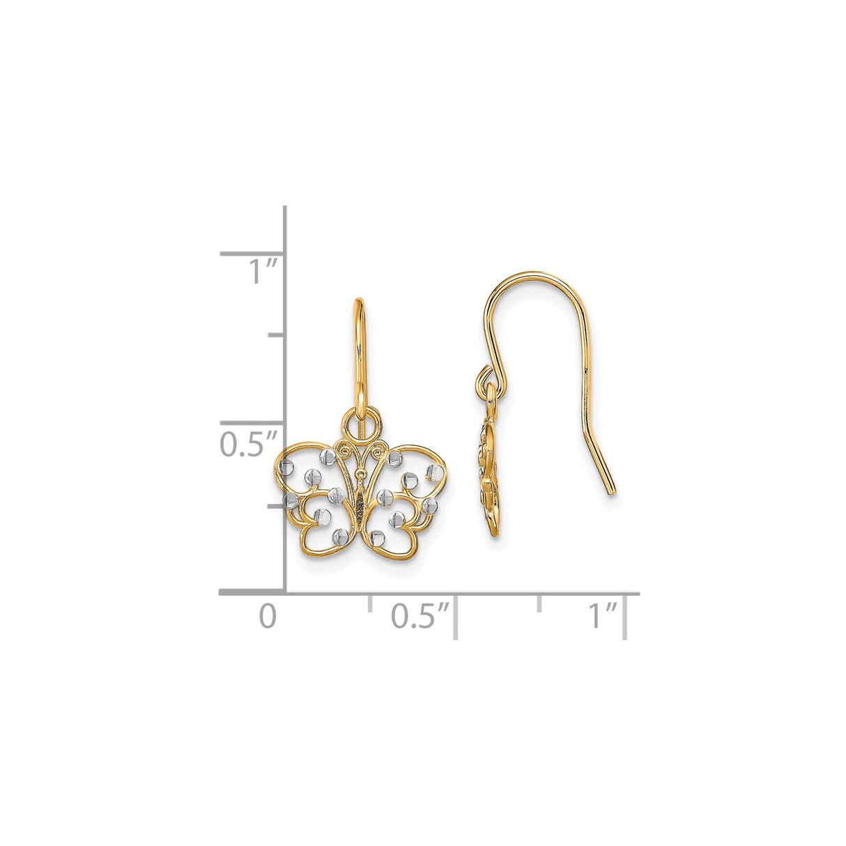 14k Yellow Gold Butterfly Dangle Earrings with Openwork Wings and Rhodium Accents
