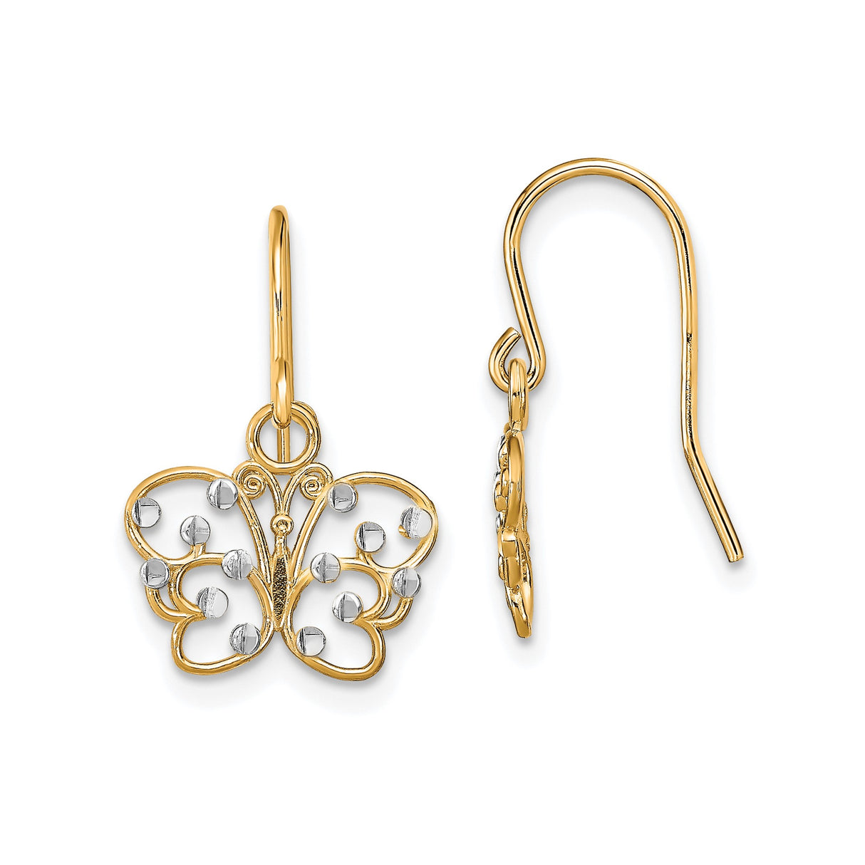 14k Yellow Gold Butterfly Dangle Earrings with Openwork Wings and Rhodium Accents